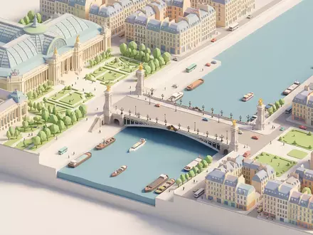 Isometrisches Diorama von Pont Alexandre III Paris und Umgebung in Paris Frankreich, verspielte Low-Poly-Kulisse in - Foto: THN