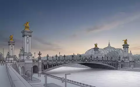 Moderner Architektur-Render zeigt Silhouette von Pont Alexandre III Paris in Paris Frankreich, klare Linien und - Foto: THN