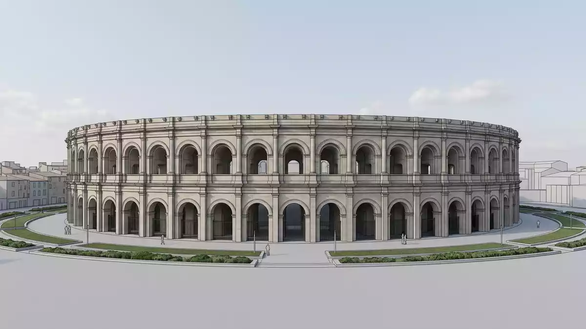 Architektur-Render von Arena von Nimes in Nimes, Frankreich bei Tageslicht