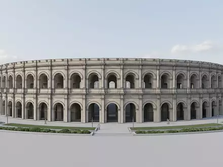 Moderner Architektur-Render zeigt Silhouette von Arena von Nimes in Nimes Frankreich, klare Linien und neutrales - Foto: THN