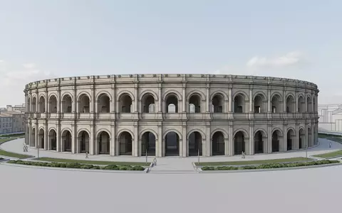 Moderner Architektur-Render zeigt Silhouette von Arena von Nimes in Nimes Frankreich, klare Linien und neutrales - Foto: THN