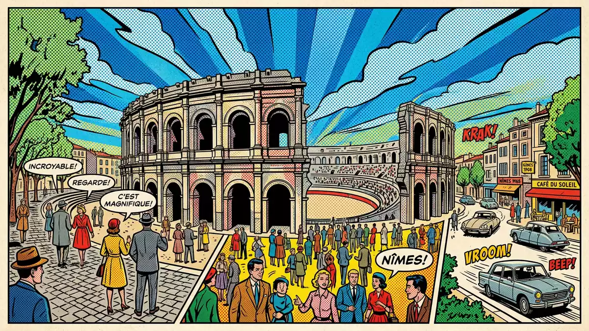 Pop-Art-Comic von Arena von Nimes in Nimes, Frankreich mit Rasterpunkten