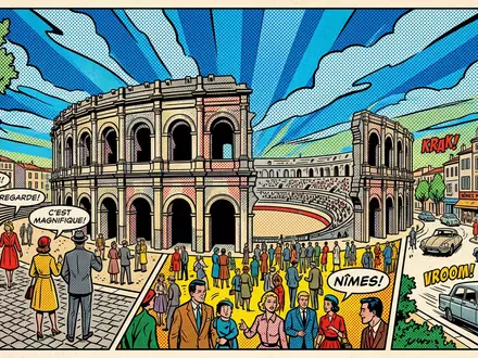 Pop-Art-Comicillustration des Wahrzeichens Arena von Nimes in Nimes Frankreich, kraeftige Konturen Rasterpunkte und satte Farben - Foto: THN