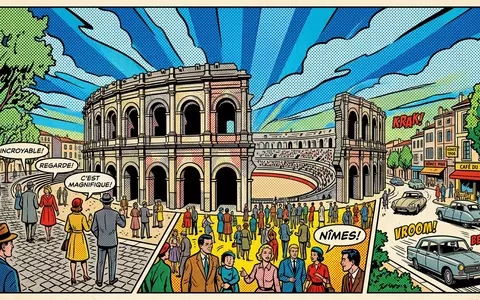 Pop-Art-Comicillustration des Wahrzeichens Arena von Nimes in Nimes Frankreich, kraeftige Konturen Rasterpunkte und satte Farben - Foto: THN