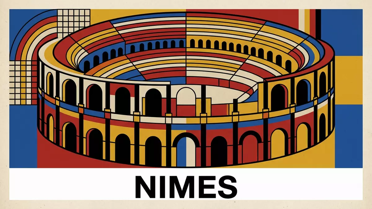 Bauhaus-Poster als Abstraktion von Arena von Nimes in Nimes, Frankreich