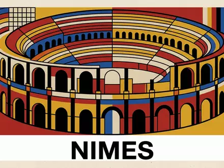 Bauhaus-Poster als geometrische Abstraktion von Arena von Nimes in Nimes Frankreich, kraeftige Grundfarben und harte - Foto: THN