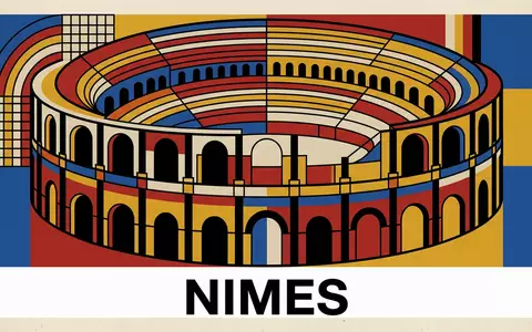 Bauhaus-Poster als geometrische Abstraktion von Arena von Nimes in Nimes Frankreich, kraeftige Grundfarben und harte - Foto: THN