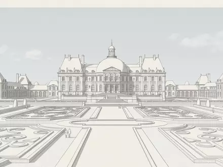 Moderner Architektur-Render zeigt Silhouette von Schloss Vaux-le-Vicomte in Maincy Frankreich, klare Linien und neutrales Tageslicht - Foto: THN