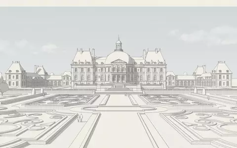 Moderner Architektur-Render zeigt Silhouette von Schloss Vaux-le-Vicomte in Maincy Frankreich, klare Linien und neutrales Tageslicht - Foto: THN