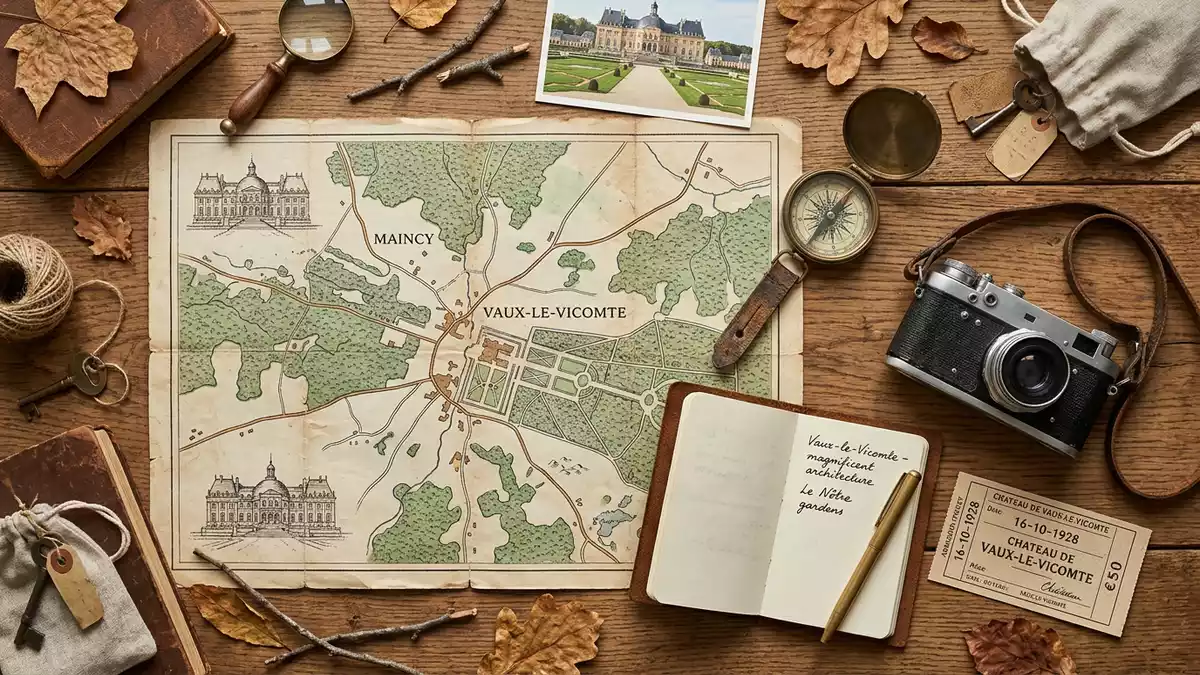 Flatlay-Reise-Arrangement rund um Schloss Vaux-le-Vicomte in Maincy, Frankreich