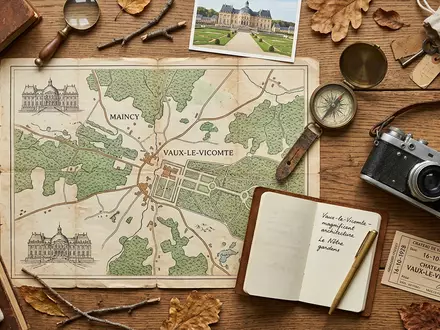 Flatlay-Reise-Arrangement rund um Schloss Vaux-le-Vicomte in Maincy Frankreich, Karte Kompass Kamera und generische Reiserequisiten - Foto: THN
