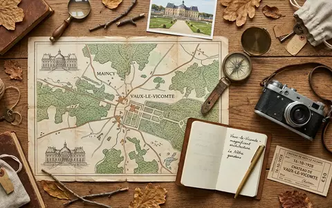 Flatlay-Reise-Arrangement rund um Schloss Vaux-le-Vicomte in Maincy Frankreich, Karte Kompass Kamera und generische Reiserequisiten - Foto: THN