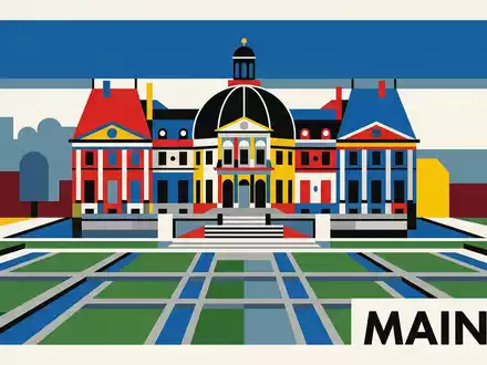 Bauhaus-Poster als geometrische Abstraktion von Schloss Vaux-le-Vicomte in Maincy Frankreich, kraeftige Grundfarben und harte Formkanten - Foto: THN