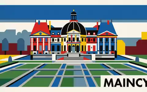Bauhaus-Poster als geometrische Abstraktion von Schloss Vaux-le-Vicomte in Maincy Frankreich, kraeftige Grundfarben und harte Formkanten - Foto: THN