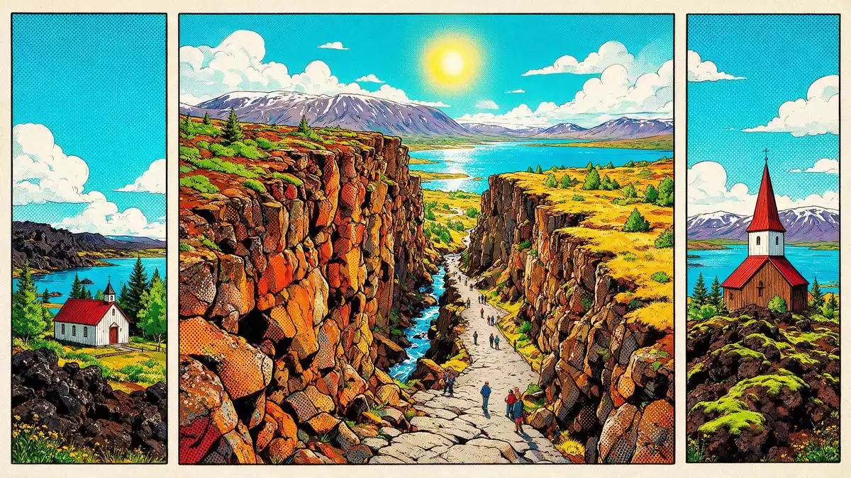 Pop-Art-Comic von Thingvellir-Nationalpark in Thingvellir, Island mit Rasterpunkten