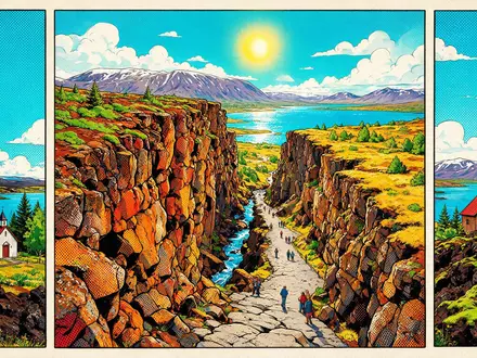 Pop-Art-Comicillustration des Wahrzeichens Thingvellir-Nationalpark in Thingvellir Island, kraeftige Konturen Rasterpunkte und satte Farben - Foto: THN
