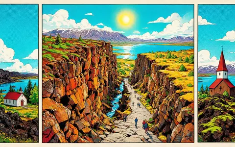 Pop-Art-Comicillustration des Wahrzeichens Thingvellir-Nationalpark in Thingvellir Island, kraeftige Konturen Rasterpunkte und satte Farben - Foto: THN