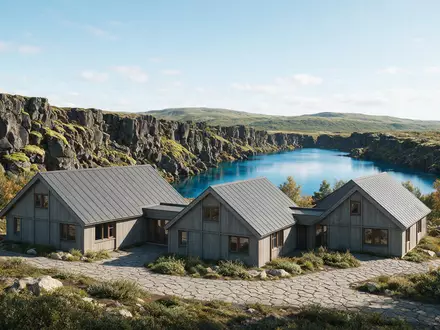 Moderner Architektur-Render zeigt Silhouette von Thingvellir-Nationalpark in Thingvellir Island, klare Linien und neutrales Tageslicht - Foto: THN