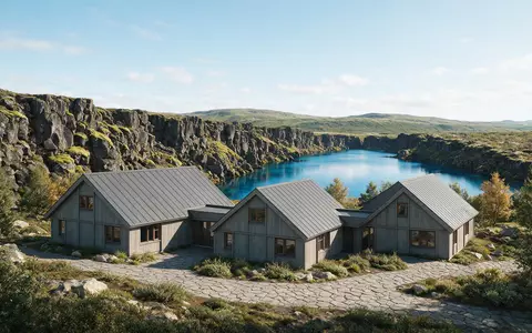 Moderner Architektur-Render zeigt Silhouette von Thingvellir-Nationalpark in Thingvellir Island, klare Linien und neutrales Tageslicht - Foto: THN