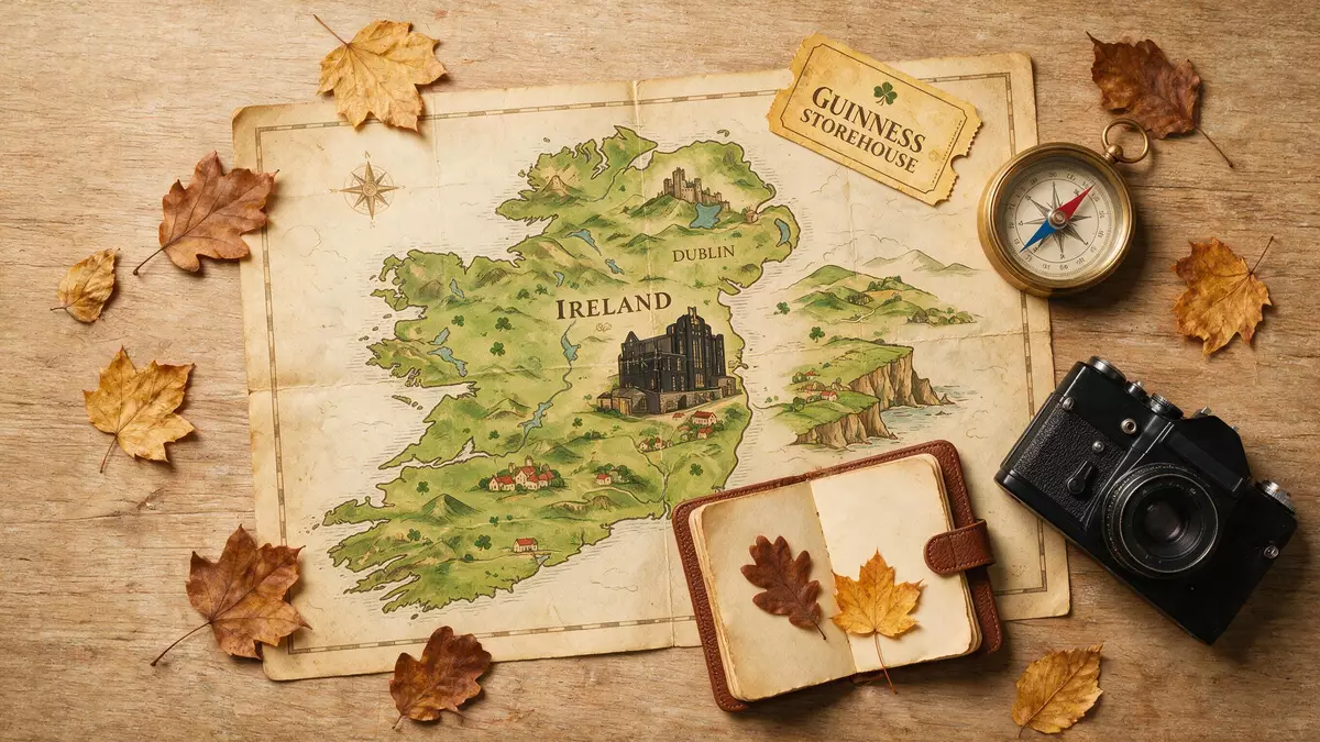 Flatlay-Reise-Arrangement rund um Guinness Storehouse Dublin in Dublin, Irland