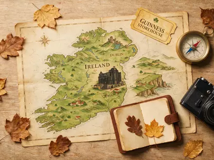 Flatlay-Reise-Arrangement rund um Guinness Storehouse Dublin in Dublin Irland, Karte Kompass Kamera und generische Reiserequisiten - Foto: THN