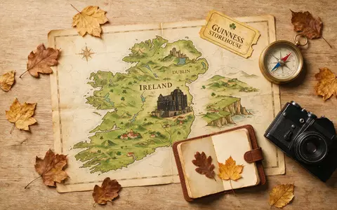 Flatlay-Reise-Arrangement rund um Guinness Storehouse Dublin in Dublin Irland, Karte Kompass Kamera und generische Reiserequisiten - Foto: THN