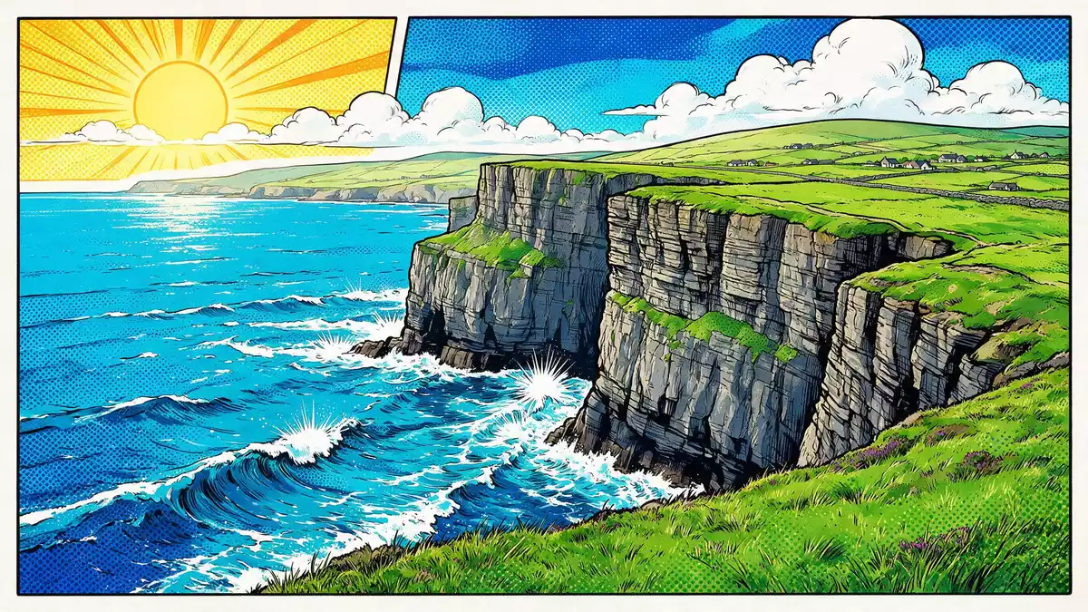 Pop-Art-Comic von Cliffs of Moher in Liscannor, Irland mit Rasterpunkten
