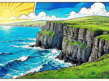 Pop-Art-Comicillustration des Wahrzeichens Cliffs of Moher in Liscannor Irland, kraeftige Konturen Rasterpunkte und satte Farben - Foto: THN