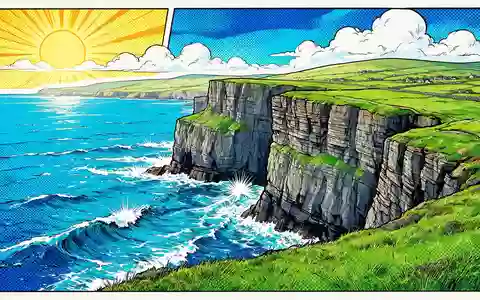 Pop-Art-Comicillustration des Wahrzeichens Cliffs of Moher in Liscannor Irland, kraeftige Konturen Rasterpunkte und satte Farben - Foto: THN