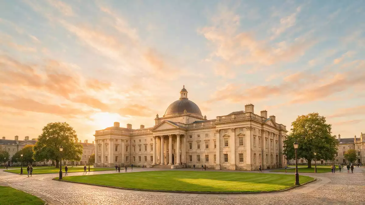Fotorealistische Ansicht von Trinity College Dublin in Dublin, Irland im Abendlicht