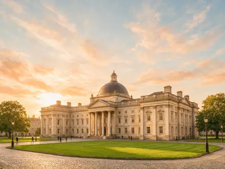 Fotorealistische Panoramaaufnahme von Trinity College Dublin in Dublin Irland, warmes Abendlicht auf Wahrzeichen - Foto: THN