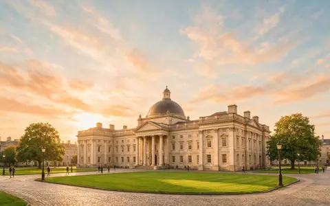 Fotorealistische Panoramaaufnahme von Trinity College Dublin in Dublin Irland, warmes Abendlicht auf Wahrzeichen - Foto: THN