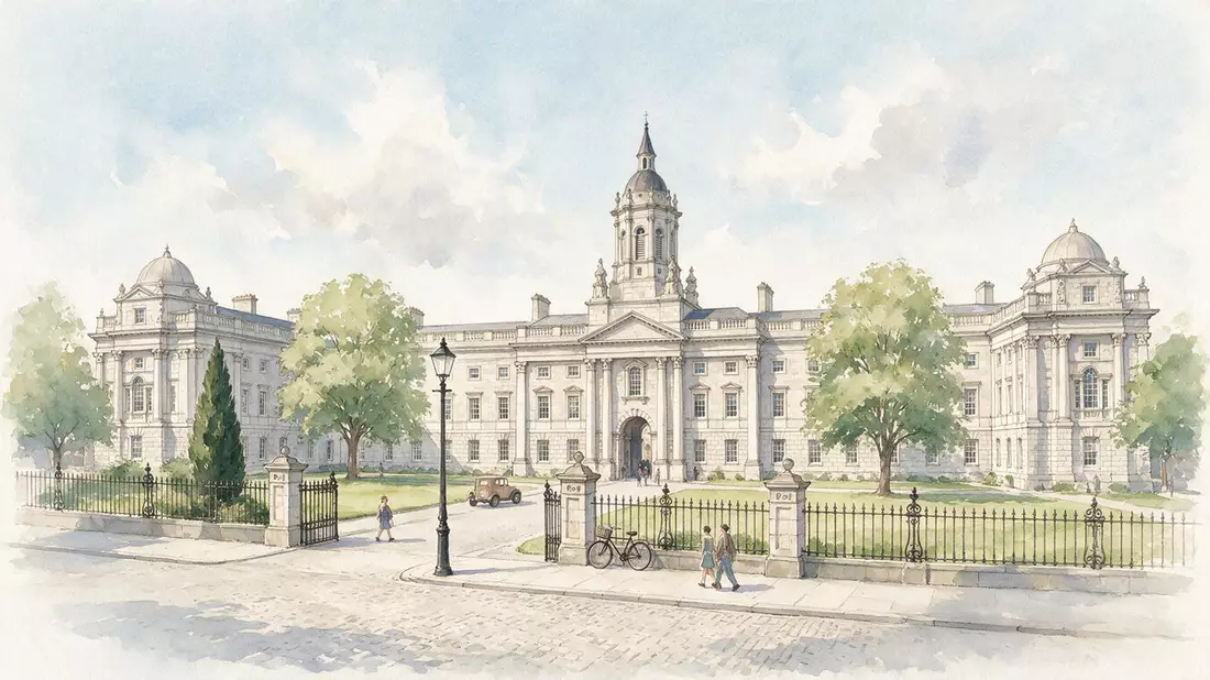 Aquarell-Illustration von Trinity College Dublin in Dublin, Irland als Reiseposter