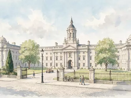 Aquarellillustration des Wahrzeichens Trinity College Dublin in Dublin Irland, weiche Farbverläufe und pastelliges Reiseposter-Feeling - Foto: THN