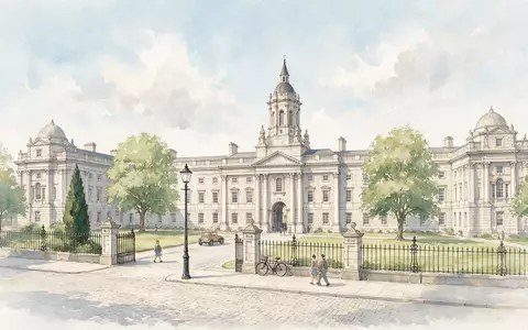 Aquarellillustration des Wahrzeichens Trinity College Dublin in Dublin Irland, weiche Farbverläufe und pastelliges Reiseposter-Feeling - Foto: THN
