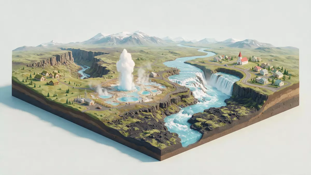 Isometrisches Diorama von Goldener Kreis Island in Selfoss, Island in Pastell