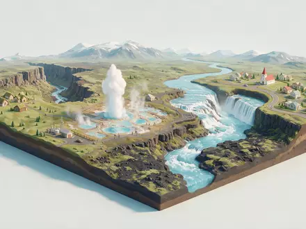 Isometrisches Diorama von Goldener Kreis Island und Umgebung in Selfoss Island, verspielte Low-Poly-Kulisse in Pastellfarben - Foto: THN