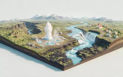 Isometrisches Diorama von Goldener Kreis Island und Umgebung in Selfoss Island, verspielte Low-Poly-Kulisse in Pastellfarben - Foto: THN
