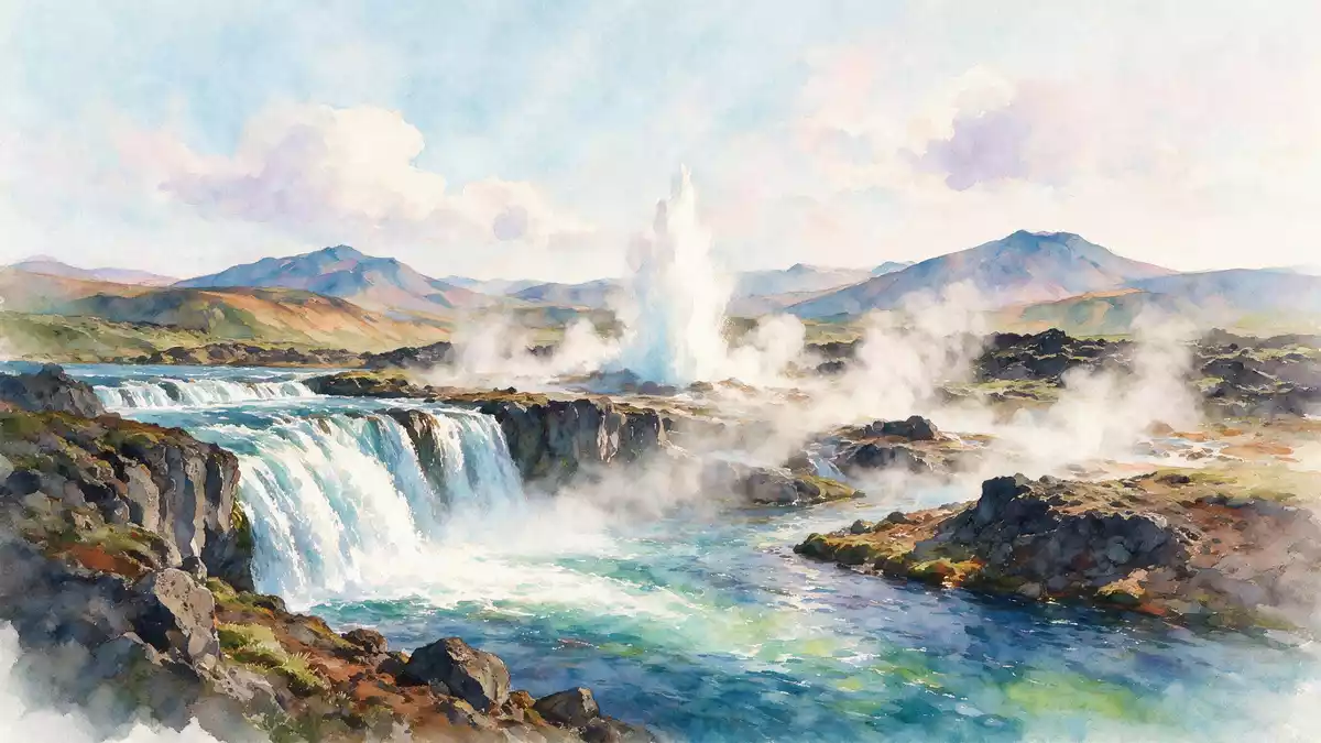 Aquarell-Illustration von Goldener Kreis Island in Selfoss, Island als Reiseposter