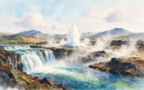 Aquarellillustration des Wahrzeichens Goldener Kreis Island in Selfoss Island, weiche Farbverläufe und pastelliges Reiseposter-Feeling - Foto: THN
