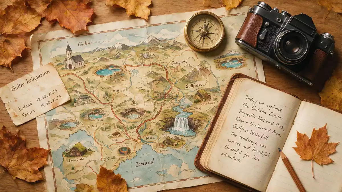 Flatlay-Reise-Arrangement rund um Goldener Kreis Island in Selfoss, Island
