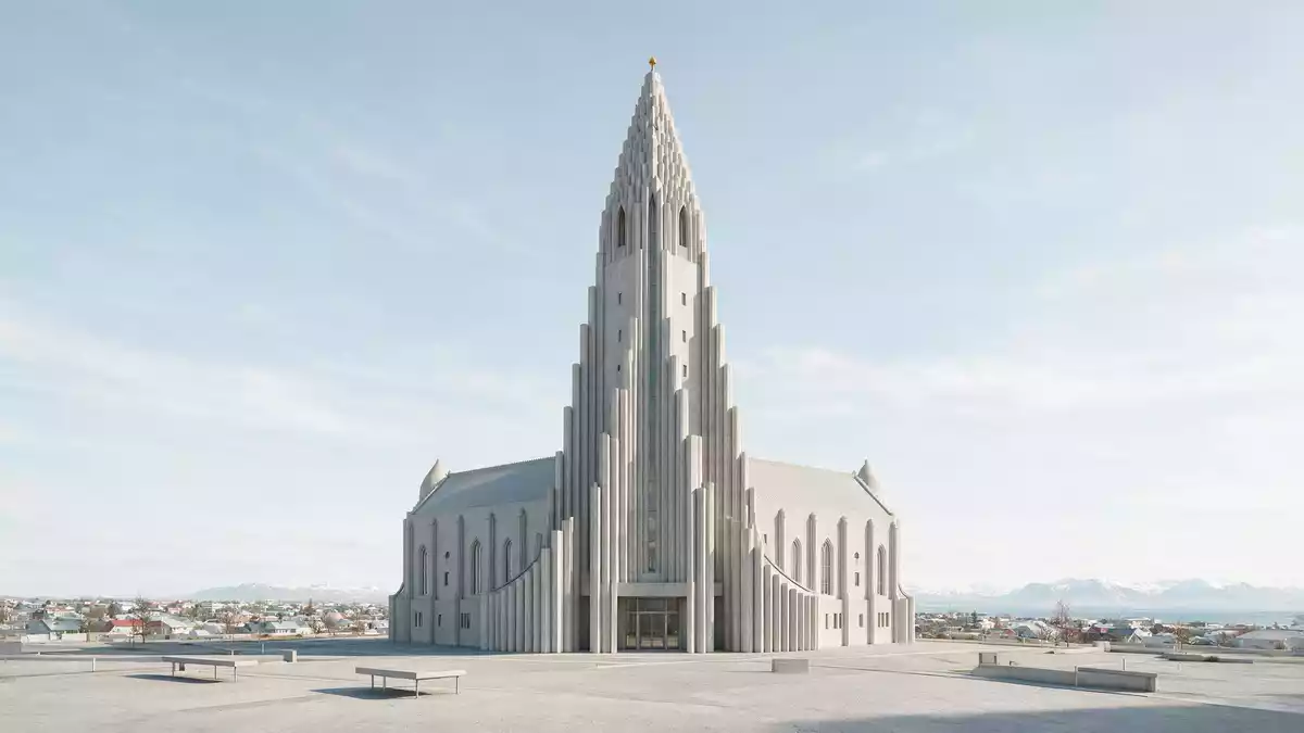 Architektur-Render von Hallgrimskirkja Reykjavik in Reykjavik, Island bei Tageslicht