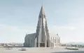 Moderner Architektur-Render zeigt Silhouette von Hallgrimskirkja Reykjavik in Reykjavik Island, klare Linien und neutrales Tageslicht - Foto: THN