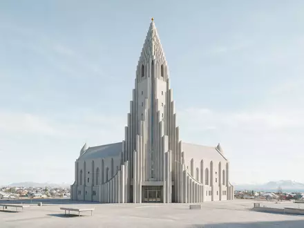 Moderner Architektur-Render zeigt Silhouette von Hallgrimskirkja Reykjavik in Reykjavik Island, klare Linien und neutrales Tageslicht - Foto: THN