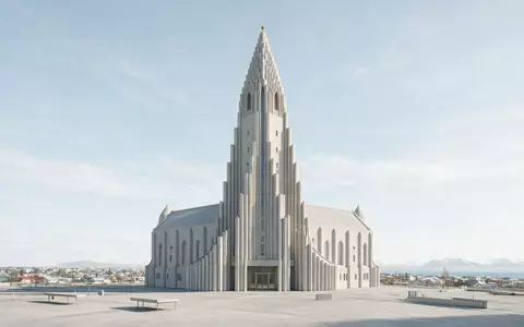 Moderner Architektur-Render zeigt Silhouette von Hallgrimskirkja Reykjavik in Reykjavik Island, klare Linien und neutrales Tageslicht - Foto: THN