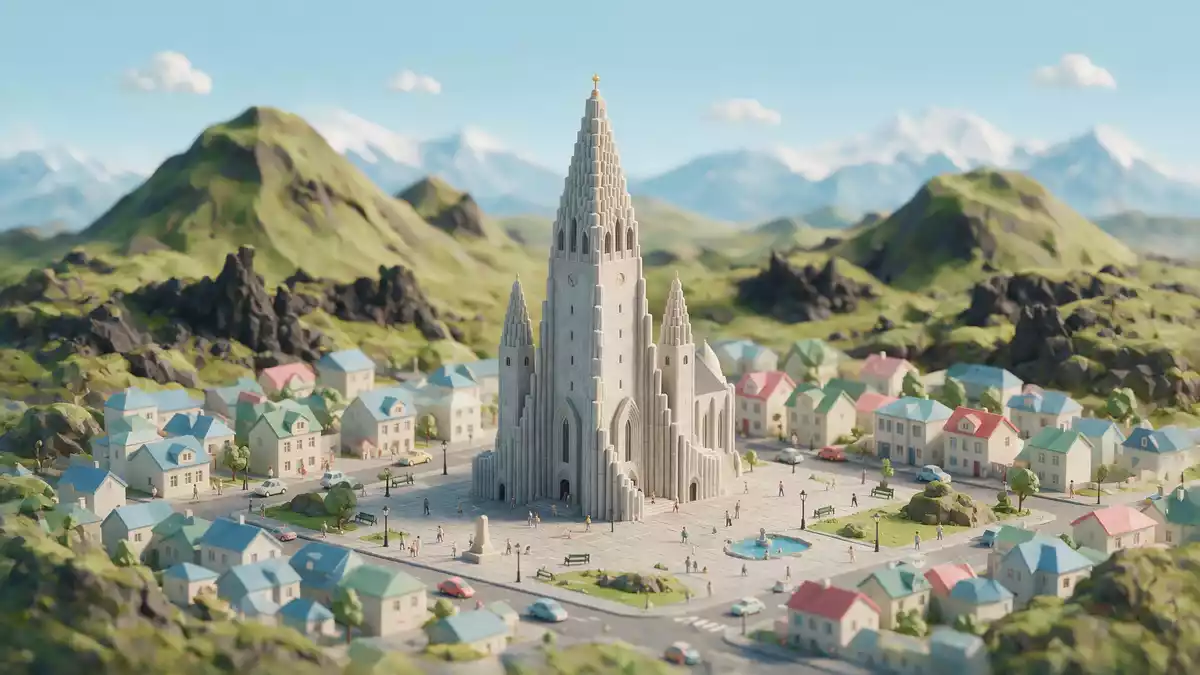 Isometrisches Diorama von Hallgrimskirkja Reykjavik in Reykjavik, Island in Pastell