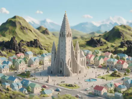 Isometrisches Diorama von Hallgrimskirkja Reykjavik und Umgebung in Reykjavik Island, verspielte Low-Poly-Kulisse in Pastellfarben - Foto: THN