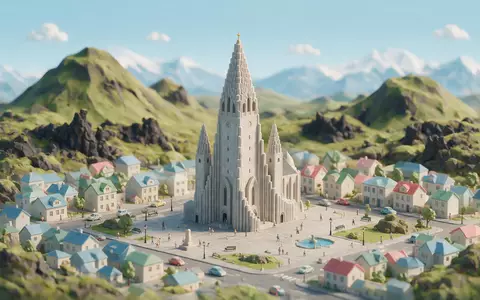Isometrisches Diorama von Hallgrimskirkja Reykjavik und Umgebung in Reykjavik Island, verspielte Low-Poly-Kulisse in Pastellfarben - Foto: THN