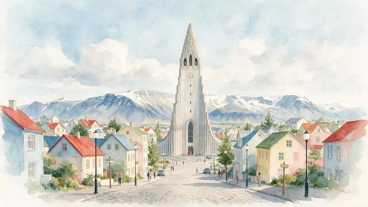 Aquarell-Illustration von Hallgrimskirkja Reykjavik in Reykjavik, Island als Reiseposter