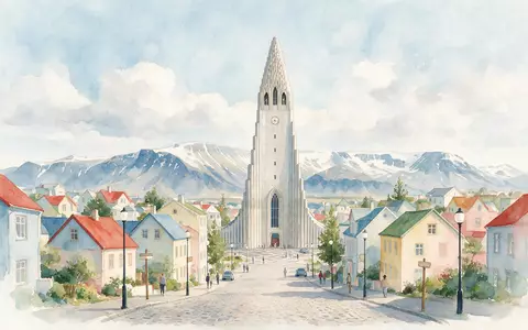 Aquarellillustration des Wahrzeichens Hallgrimskirkja Reykjavik in Reykjavik Island, weiche Farbverläufe und pastelliges Reiseposter-Feeling - Foto: THN